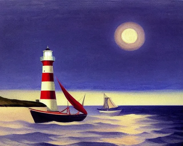 Image similar to a stunning maritime painting of a sailing ship, a lighthouse, the moon, a small house with the lights on, by edward hopper, award winning art, moody lighting