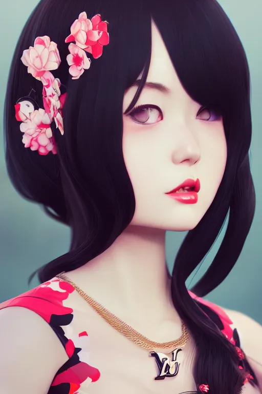 Image similar to a pin up and beautiful fashion charming dreamlke japan girl with lv jewelry, character art, art by wlop and and ilya kuvshinov, hyperdetailed, 8 k realistic, symmetrical, frostbite 3 engine, cryengine, dof, trending on artstation, digital art