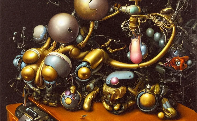 Image similar to strange seductive futuristic robot body, enticing colorful oil painting dutch golden age vanitas alluring still life sparse composition with bulbous objects strange gooey transparent surfaces shiny torrid metal reflections bizarre mutant meat insects rachel ruysch dali todd schorr very detailed perfect composition rule of thirds masterpiece canon 5 0 mm, cinematic lighting, photography, retro, film, kodachrome