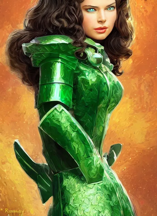 Image similar to beautiful female dorothy gale, rebecca romijn as dorothy, full body character concept, covered in full emerald armor, armor plating, art nouveau, super powers, fantasy, intricate, elegant, highly detailed, digital painting, artstation, concept art, shining, sharp focus, illustration, art by stanley lau