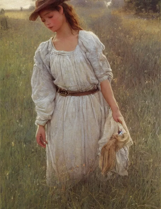 Prompt: peasant girl draw on a canvas, cottage core, cinematic focus, polaroid photo bleached vintage pastel colors high - key lighting, soft lights, foggy, by steve hanks, by lisa yuskavage, by serov valentin, by tarkovsky, detailed, oil on canvas