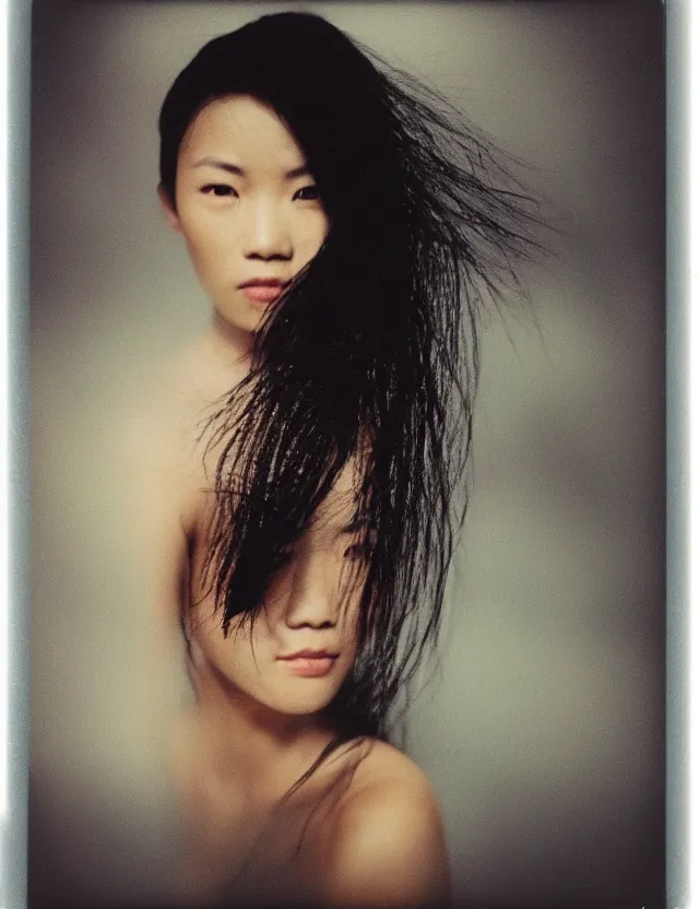 Image similar to polaroid photo with flash, portrait of a asian woman with glossy skin and wet hair in style of matrix, polaroid photo bleached strong lights, kodak film stock, hyper real, stunning moody cinematography, with anamorphic lenses, by maripol, detailed