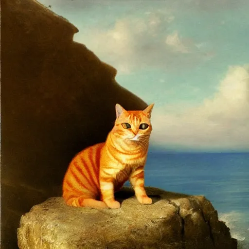 Prompt: orange tabby cat sitting on a rock overlooking the ocean, realistic lighting, highly detailed, rule of thirds, by charles angrand, peder balke