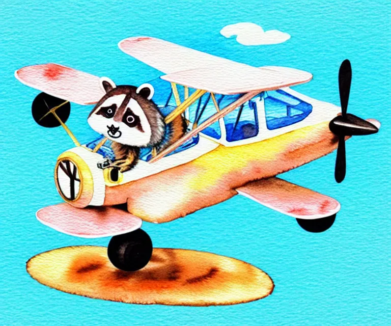 Image similar to cute and funny, racoon riding in a tiny airplane with oversized engines, centered award winning watercolor pen illustration, isometric illustration by chihiro iwasaki, edited by range murata, tiny details by artgerm and watercolor girl, symmetrically isometrically centered