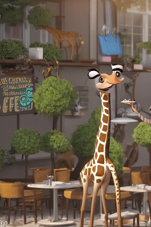 Image similar to a giraffe with big eyes looking for a cup of coffee in beautiful morning café in Paris. Pixar Disney 4K 3d render funny animation movie Oscar winning trending on ArtStation and Behance. Ratatouille style.