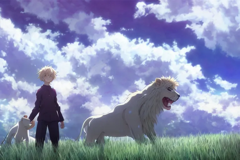 Image similar to a vast scene, panorama distant view, anime art full body portrait character concept art, hyper detailed scene render of a boy and white lion, anime key visual of violet evergarden, finely detailed perfect face delicate features directed gaze, in the white clouds fairyland, trending on pixiv fanbox, violet evergarden, studio ghibli, james jean, extremely high quality artwork