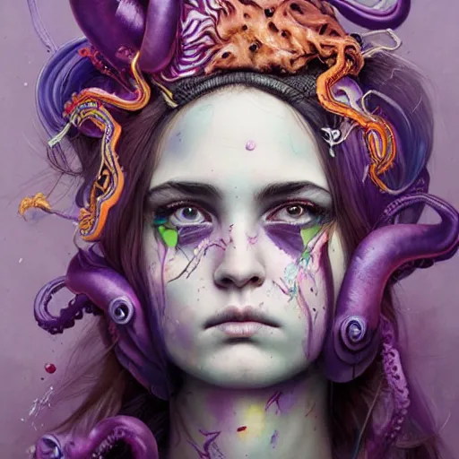 Image similar to art portrait of a furious girl with purple tentacles on her head, 8 k, by tristan eaton, stanley artgermm, tom bagshaw, greg rutkowski, carne griffiths, trending on deviantart, face enhance, hyper detailed, full of colour,