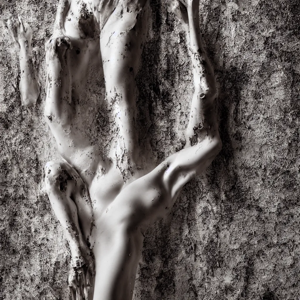 Image similar to tall slender woman covered in cracked dry mud in a clean white room, dramatic studio photography, high contrast, model art photography, stunning, beautiful, high detail, 8K, high definition