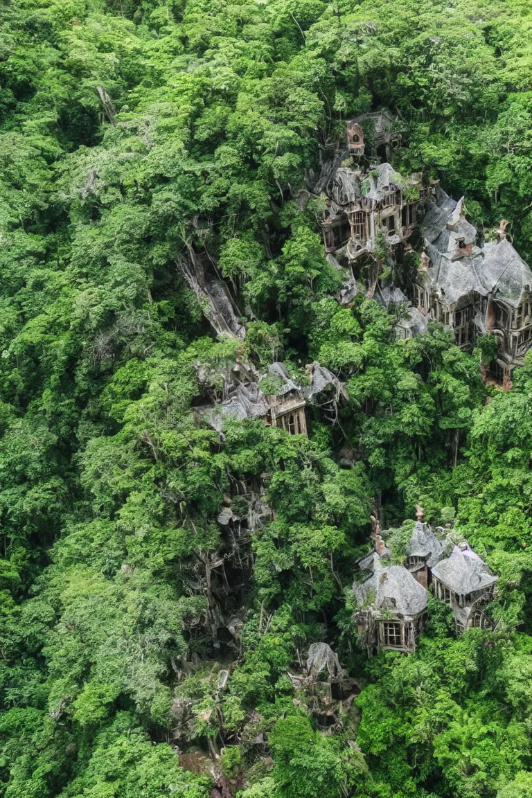 Prompt: a victorian mansion carved into a huge tree beside a waterfall in a dense jungle | cinematic