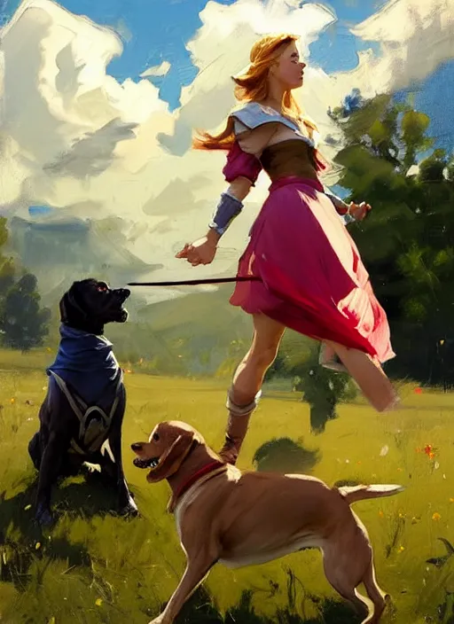 Image similar to Greg Manchess painting of prinzess Zelda in casual wear out playing with the dogs, countryside, fantasy character portrait, dynamic pose, above view, sunny day, thunder clouds in the sky, artwork by Jeremy Lipkin and Giuseppe Dangelico Pino and Michael Garmash and Rob Rey, very coherent asymmetrical artwork, sharp edges, perfect face, simple form, wacky, 100mm