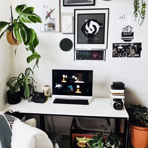 Image similar to a cozy HYGGE gaming station, dim lights, many plants