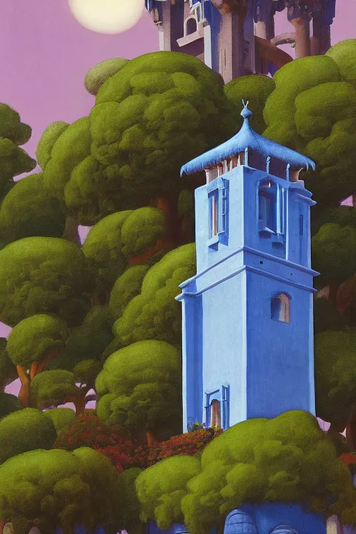 Image similar to view of the mysterious blue tower in its gardens after a storm, tall windows, beautiful moorish ornament, dramatic cinematic lighting, rich colors, by April Gornik and Nicholas Roerich and Sylvain Sarrailh and Ludwig Deutsch