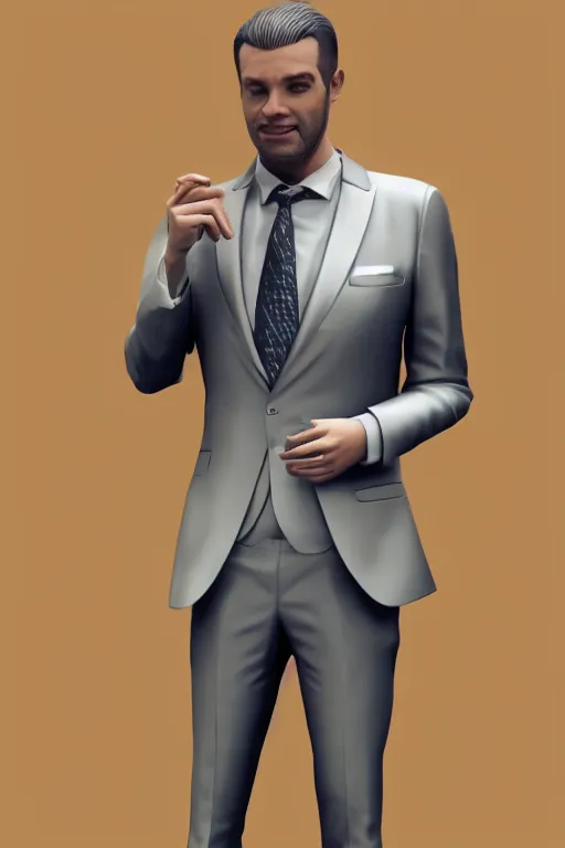 Image similar to full body 3 d render of a rich daddy, 3 2 years old, wear sliver suits, stubble, cramel hair, character concept art, octane render, trending by artstation, artbreeder