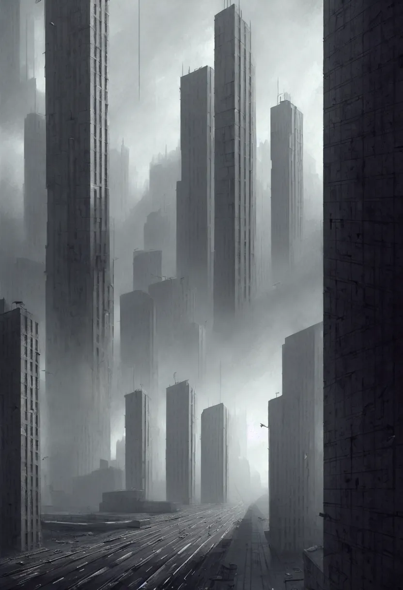 Prompt: beautiful render, soviet brutalist city, brutalism, architecture 60s, skyscrapers, blocks, streets, greyscale, depressing,, elegant, highly detailed, digital painting, artstation, concept art, smooth, sharp focus, octane render, dramatic lighting, art by greg rutkowski and wlop and artgem