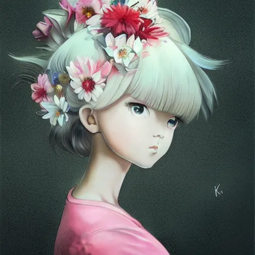 Image similar to little girl with flowers in hair wearing an white dress. art by ilya kuvshinov, profile picture, inspired in hirohiko araki, realistic, highly detailed, 8 0 s anime art style