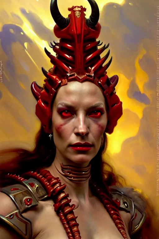 Prompt: painted close - up portrait of a very attractive red - skinned intimidating demon alien - cyborg queen with ram horns! oil painting, wearing a noblewoman's outfit, fantasy art by john singer sargent and gaston bussiere and james jean and greg rutkowski, demon noble character design, hd