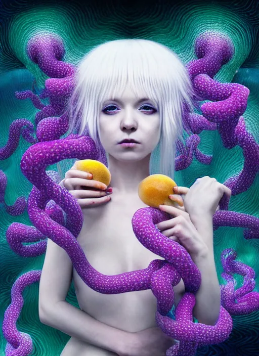 Image similar to hyper detailed 3d render like a Oil painting - kawaii portrait Aurora (white haired Singer Ferret) seen Eating of the Strangling network of yellowcake aerochrome and milky Fruit and Her delicate Hands hold of gossamer polyp blossoms bring iridescent fungal flowers whose spores black the foolish stars by Jacek Yerka, Mariusz Lewandowski, Houdini algorithmic generative render, Abstract brush strokes, Masterpiece, Edward Hopper and James Gilleard, Zdzislaw Beksinski, Mark Ryden, Wolfgang Lettl, hints of Yayoi Kasuma, octane render, 8k