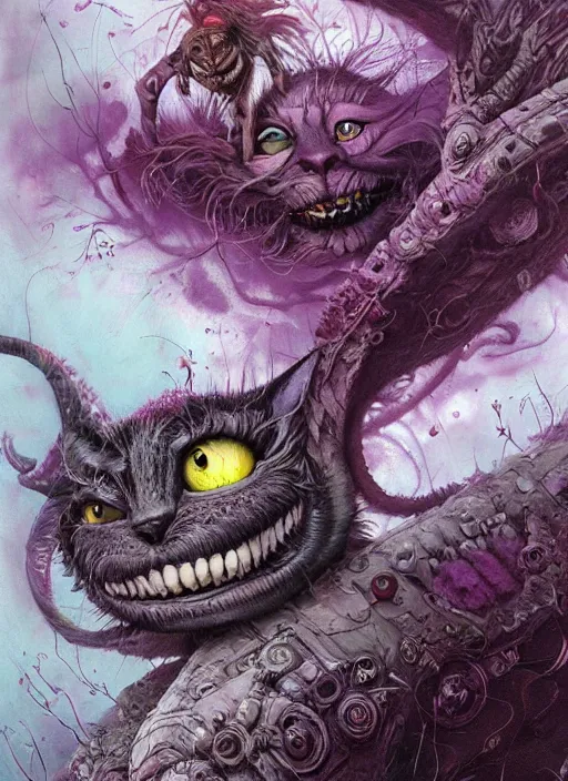 Image similar to cheshire cat, alien, highly detailed, cinematic, 8 k, by megan duncanson, benjamin lacombe, adrian borda, stanley artgermm, tom bagshaw, craig mullins, carne griffiths, ayami kojima, beksinski, giger, trending on deviantart, hyper detailed, horror, full of colour