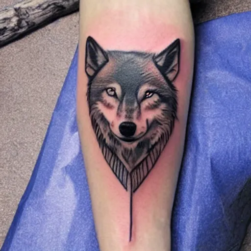 Image similar to a tattoo design of a beautiful girl under a wolf head, in the style of den yakovlev, hyper - realistic, amazing detail