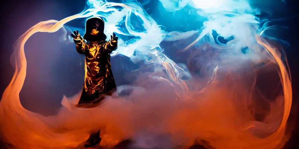 Image similar to VHS music video fisheye slow motion with lines shape of fire and smoke effect of futuristic break dancer wearing long dark cloak and golden helmet with X emitting fire and crystals, long exposure shot , enigmatic, at night half submerged by water, paddle of water and big door keys, steam, fog, water splashes, rim lights, glossy reflections, water droplets on lens, octane render, Volumetric dynamic lighting, stunning cover magazine, high details, hajime sorayama