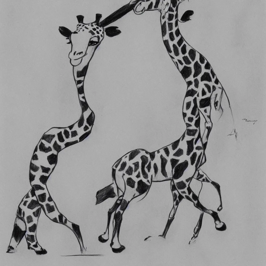 Image similar to drawing from 1 9 2 0's disney animation, white paper, black & white, panda giraffe