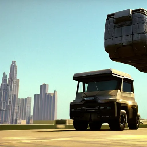 Prompt: a promotional movie still of a futuristic flying truck. the truck is hovering high in the air next to a tall impressive looking building. the truck looks like a food truck. fifth element ( 1 9 9 7 ), unreal engine 5, octane 3 d, render, imax 7 0 mm