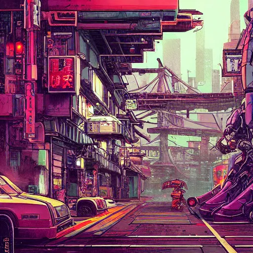 Prompt: Masamune Shirow simon stalenhag exterior Robot Knight Myrmidon street neo tokyo cyberpunk. ian mcque ink calligraphy art James Gilleard.