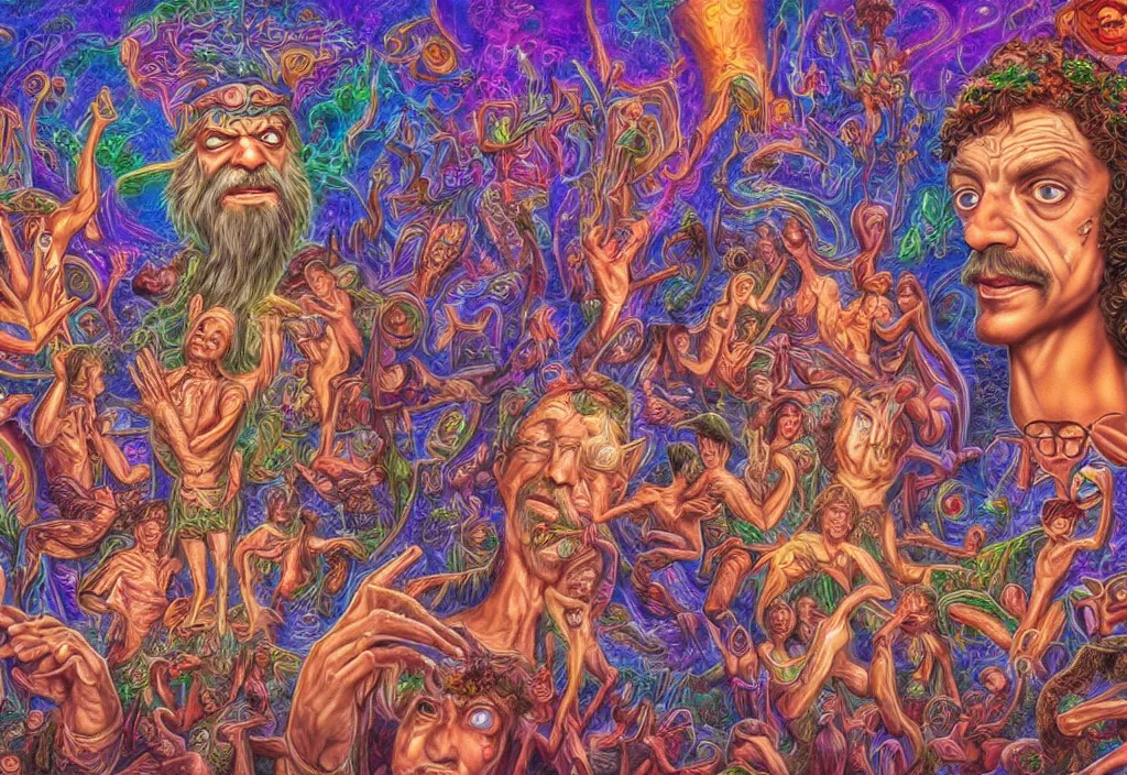 Prompt: Terence McKenna meeting elves, by Alex Grey, psychedelic, UHD, 8K High Definition