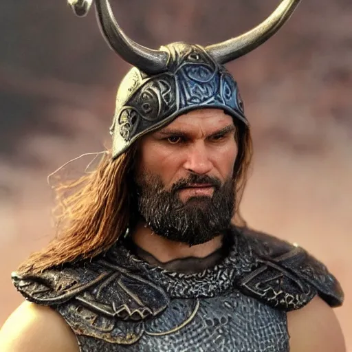 Image similar to of a viking from valhalla, wearing the horned helmet ultra fine detail, hair strands, ultra high resolution, fine texture detail, miniature painting techniques, perfect proportions, marvel cinematic universe, eric bana