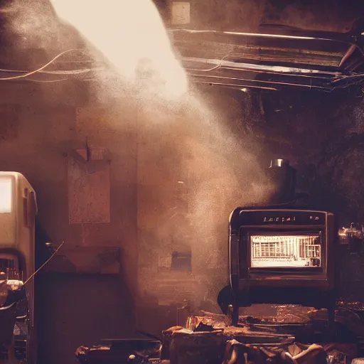 Image similar to cyborg toaster oven repairman, dark messy smoke - filled cluttered workshop, dark, dramatic lighting, orange tint, sparks, cinematic, highly detailed, sci - fi, futuristic, movie still