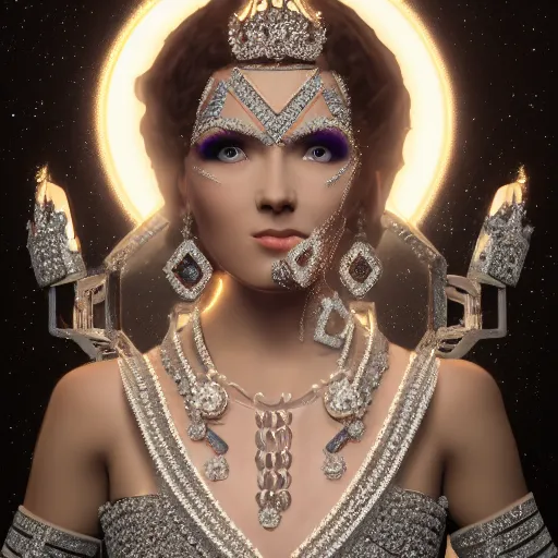 Image similar to portrait of wonderful princess of diamond with fair skin, ornate with diamonds, 8 k, gorgeous, intricate, detailed, glowing white accent lighting, dramatic lighting, octane render