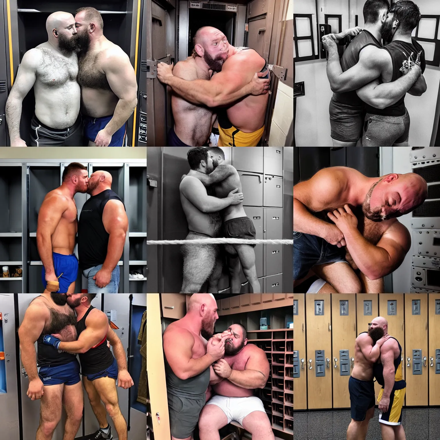 Prompt: hairy bury strongmen kissing and cuddling in a locker room, dad energy, manly, shorts, masculinity