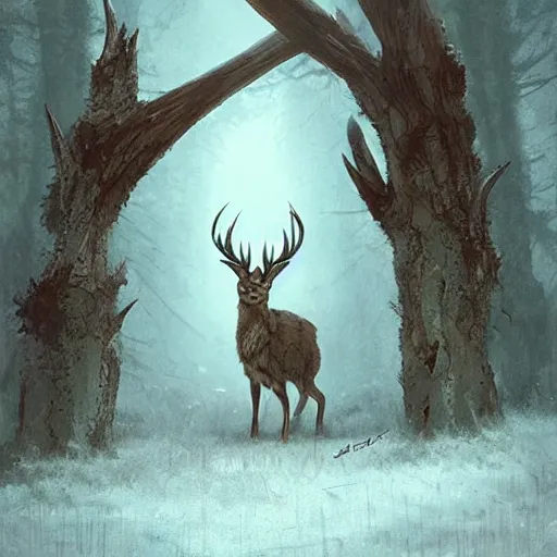 Image similar to a jackalope, jackrabbit with the antlers of a deer bigger than a building. Menacing. Soulless eyes. By Greg Rutkowski. By Marc Simonetti. C. M. Kosemen.