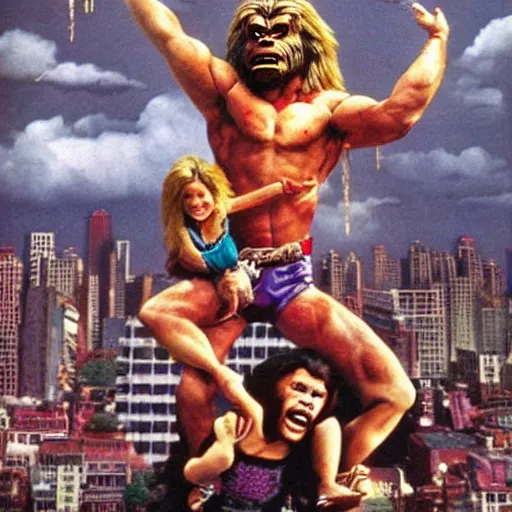 Prompt: giant wwf ultimate warrior holding small woman in his hands climbing a tall building like king kong, highly detailed, realistic movie poster