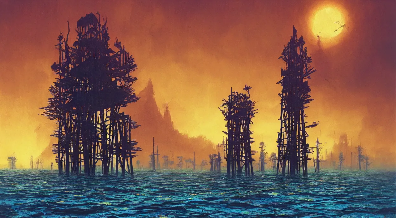 Prompt: single flooded simple wooden tower, very coherent and colorful high contrast ultradetailed photorealistic masterpiece by bruce pennington simon stalenhag, dark shadows, sunny day, hard lighting