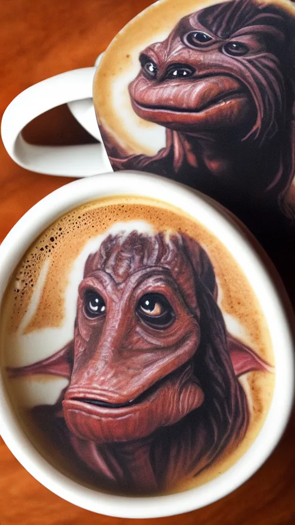 Prompt: a mug of coffee with a portrait of jar jar binks in it. style of latte foam art. color harmony, 8 k detail, gallery quality, hd wallpaper, premium prints available, hyper - detailed, intricate design.