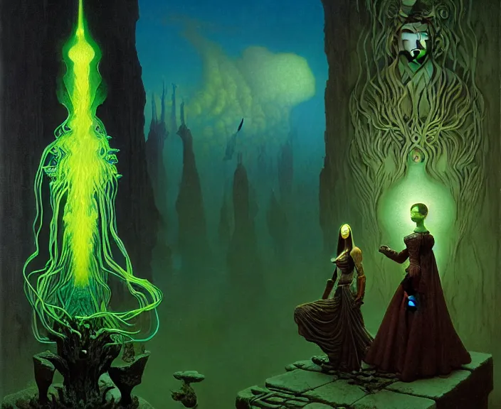 Prompt: the female arcanist and the male artificer by albert bierstadt and gerald brom and zdzisław beksinski and james gilleard, highly detailed, hyperrealistic, intricate, floating metallic objects, blue flames, low light, glowing green crystals