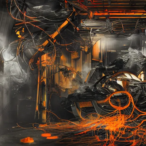 Image similar to smoothie blender, tangles of metallic cables, dark messy smoke - filled cluttered workshop, dark, dramatic lighting, orange tint, sparks, plasma charges, cinematic, highly detailed, sci - fi, futuristic, movie still