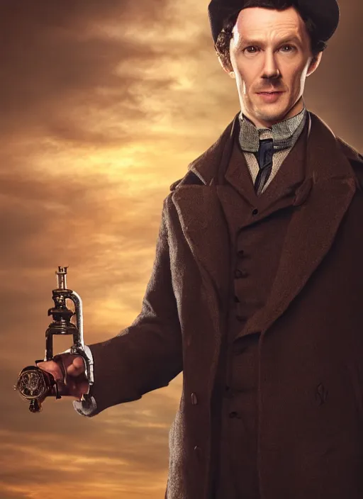Prompt: Sherlock Holmes, hyper realistic, portrait, deerstalker, steampunk, sunset, 4k, 8k
