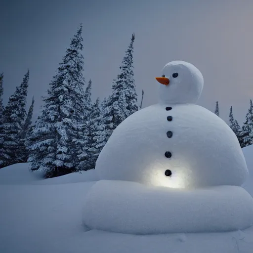 Image similar to snowman forming a man-like sculpture from snow on a snow-covered hillock, late evening, photorealistic image cinematic lighting, photo realistic image, 4K, super detailed, cinematic look, H 1024