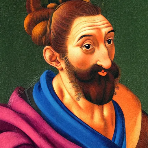 Prompt: portrait painting of surprising Michelangelo di Lodovico with topknot in the style of japanese cartoon