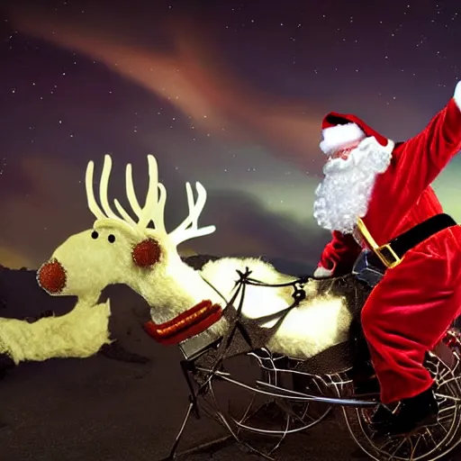 Image similar to evil santa claus rides his fiery chariot through the night sky being led by demonic reindeer