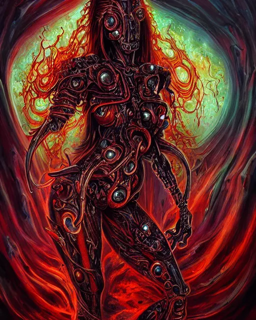 Prompt: mechanical charred bloody fleshmetal cyborg daemonhost woman psychedelic flamer of tzeentch, by antonio j. manzanedo, alex grey, android jones, wayne barlowe, philippe druillet, raymond swanland, cyril rolando, josephine wall, harumi hironaka, cronenburg, trending on artstation