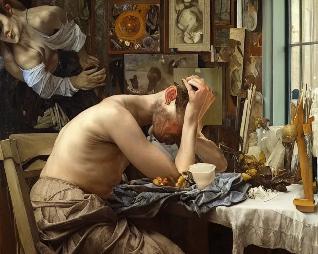 Image similar to an exhausted painter in his studio by edgar maxence and caravaggio and michael whelan, intricate painting, hyper realistic, extremely detailed and beautiful aesthetic face, 8 k resolution