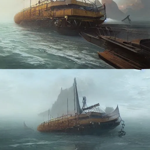 Prompt: huge escientific survivalist sailing motor barge, Magic the Gathering art, art by greg rutkowski, matte painting, trending on artstation, very detailed