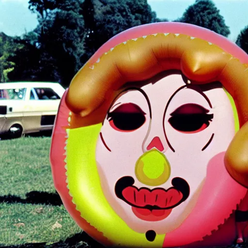 Prompt: 1976 glamorous chubby woman wearing an inflatable smiley head, wearing a dress, in a small village full of inflatable animals, 1976 French film archival footage technicolor film expired film 16mm Fellini new wave John Waters Russ Meyer movie still