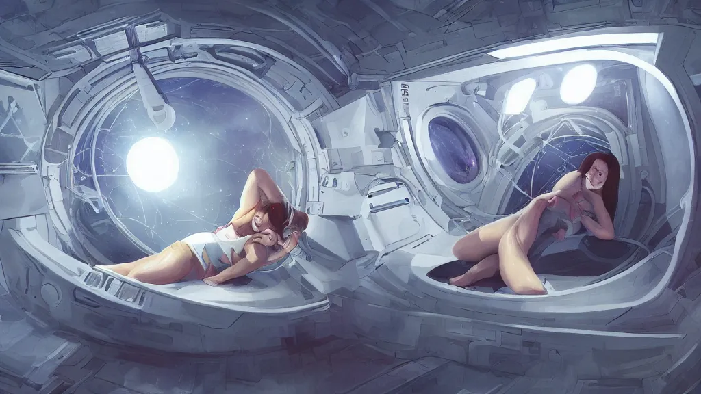 Prompt: a wide angle view of woman in a hyper sleep chamber in a spaceship, on a long journey to jupiter, highly detailed, artistic composition, sharp focus, intricate concept art, digital painting, dramatic lighting