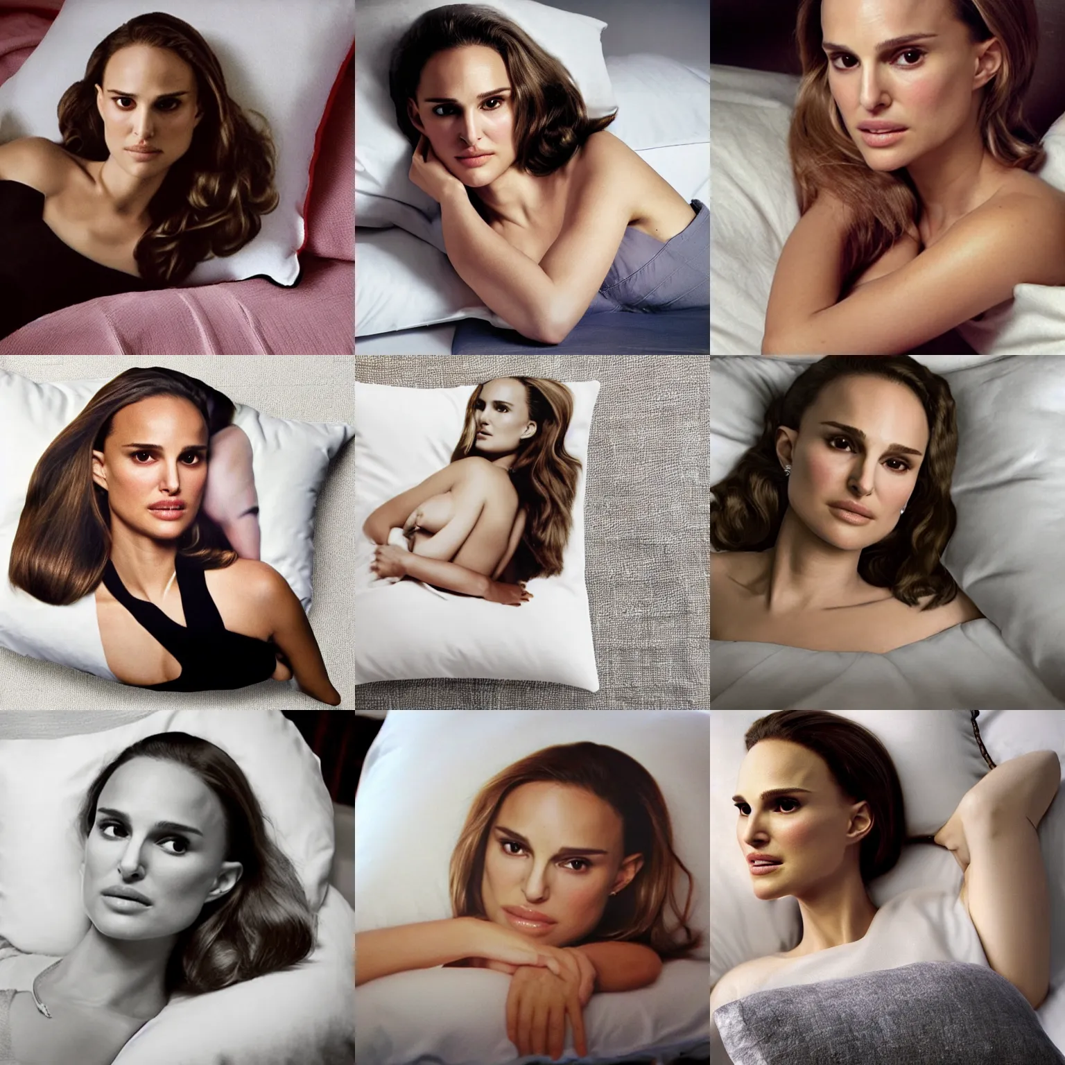 Prompt: Natalie Portman on a pillow on bed, photo realistic