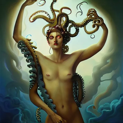 Prompt: dynamic composition, a painting of a sorcerer with hair of octopus tentacles and sea weed, a surrealist painting by tom bagshaw and jacek yerga and tamara de lempicka and jesse king, featured on cgsociety, pop surrealism, surrealist, dramatic lighting, ornate gilded details