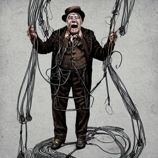 Prompt: Old wrinkled man shouting in steampunk outfit, attached to wires. Dark, intricate, highly detailed, smooth, in style of Stanislav Vovchuk